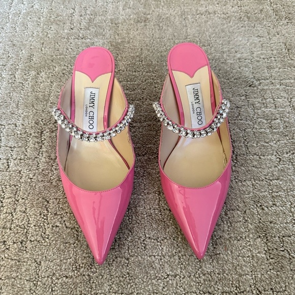 JIMMY CHOO Bing 65mm Patent Crystal Embellished Mules Candy Pink Sz 38 EU - Picture 2 of 12